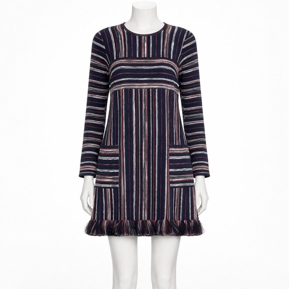 NEW Bcbg MaxAzria Kathy Fringe Knit Dress Women's Small Red‎ White Blue